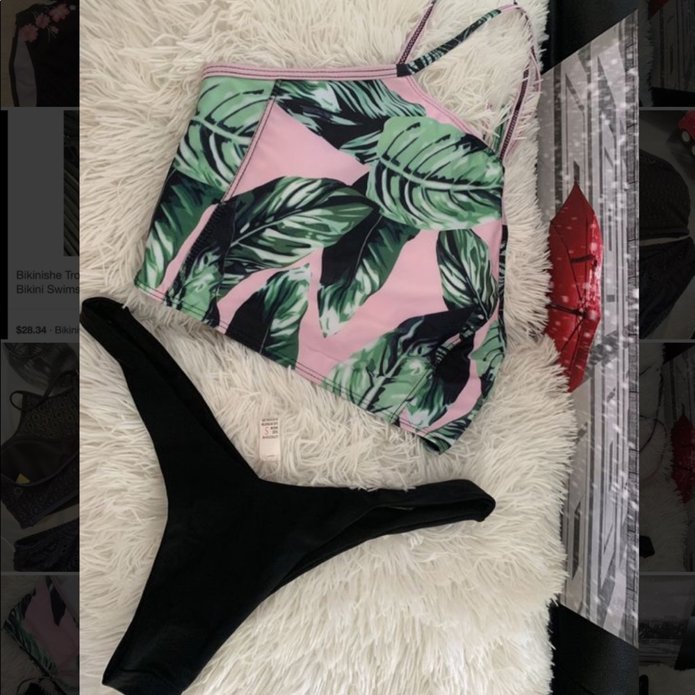 SwimSuit Floral pink/Leaf&black/Tankini